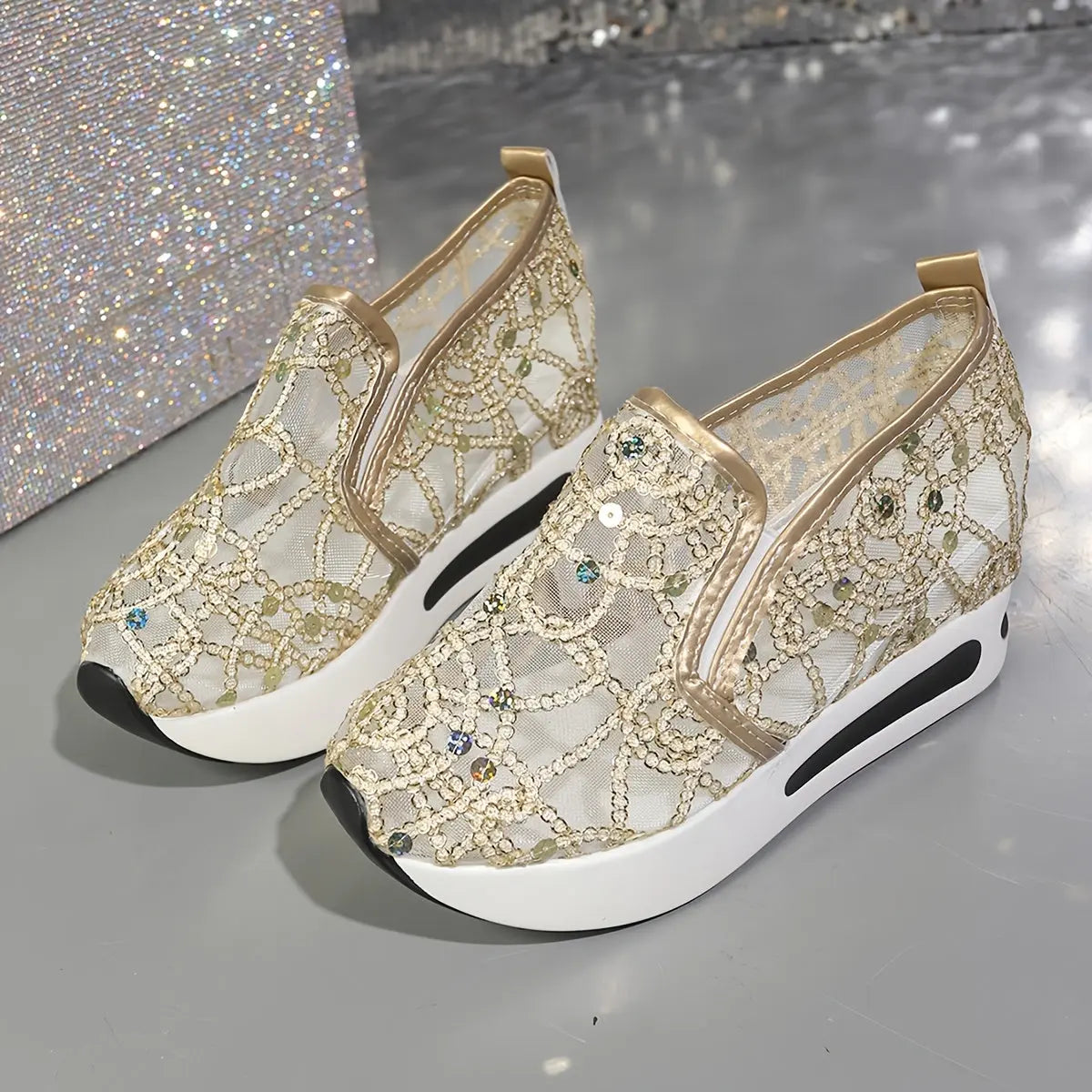 Baskets Décontractées à Sequins Dorés–Confort Maximal pour Femmes | GOOD FEET GOOD FEET