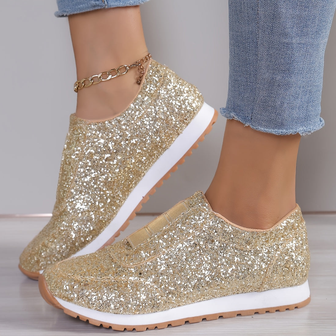 Baskets Femme Glitter Doré GOOD FEET – Confort &amp; Glamour à Enfiler ✨👟 - GOOD FEET