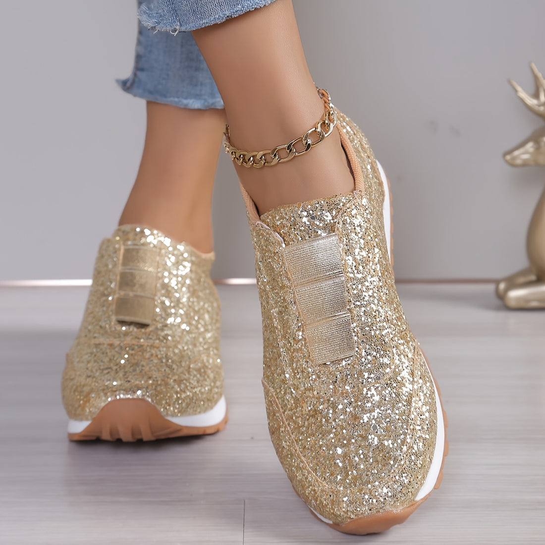 Baskets Femme Glitter Doré GOOD FEET – Confort &amp; Glamour à Enfiler ✨👟 - GOOD FEET