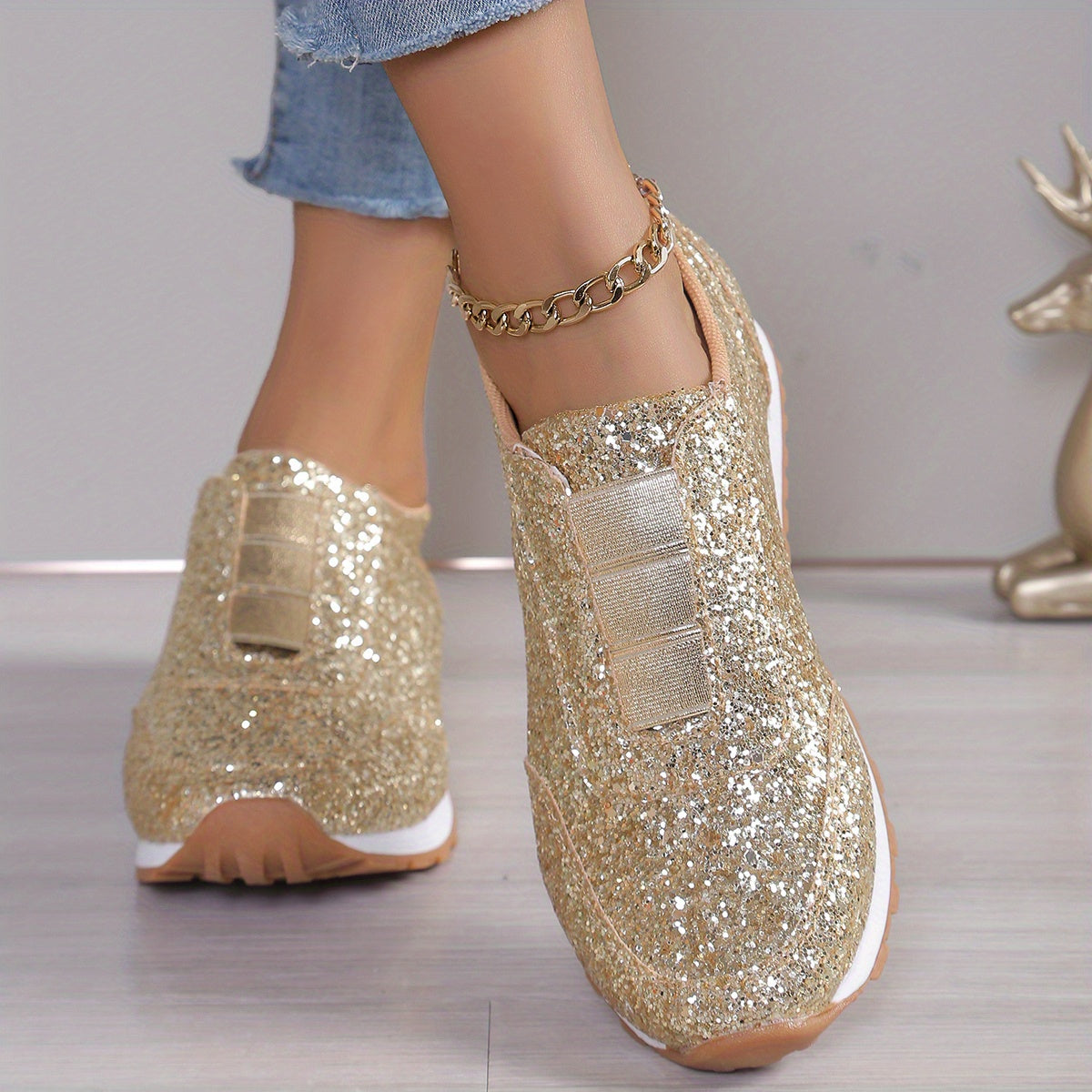 Baskets Femme Glitter Doré GOOD FEET – Confort &amp; Glamour à Enfiler ✨👟 - GOOD FEET