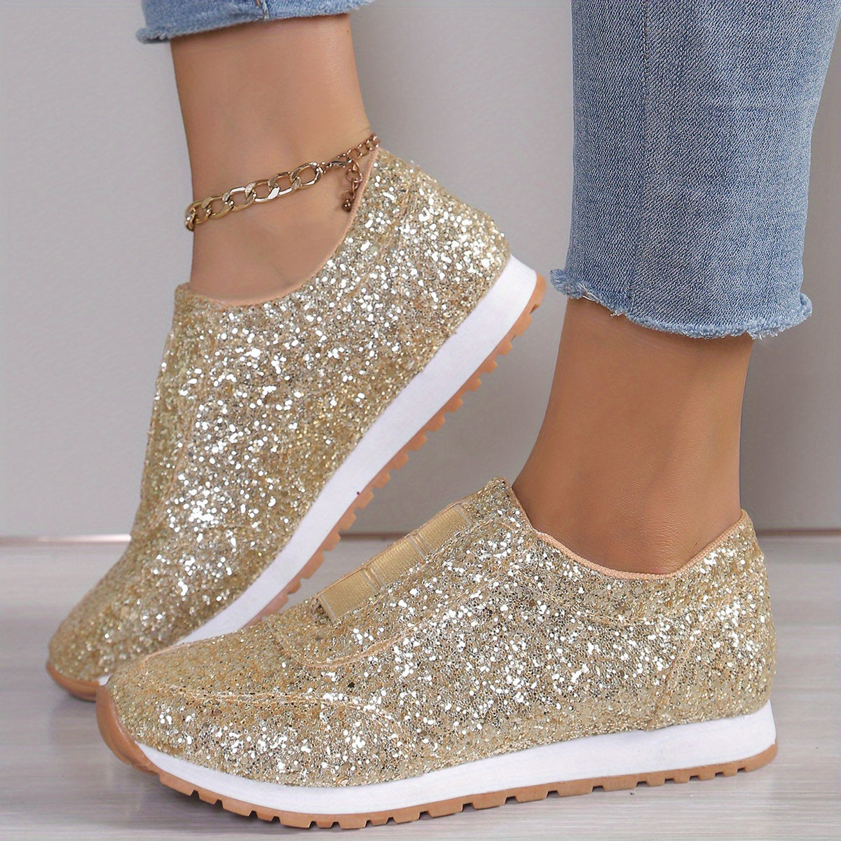 Baskets Femme Glitter Doré GOOD FEET – Confort &amp; Glamour à Enfiler ✨👟 - GOOD FEET