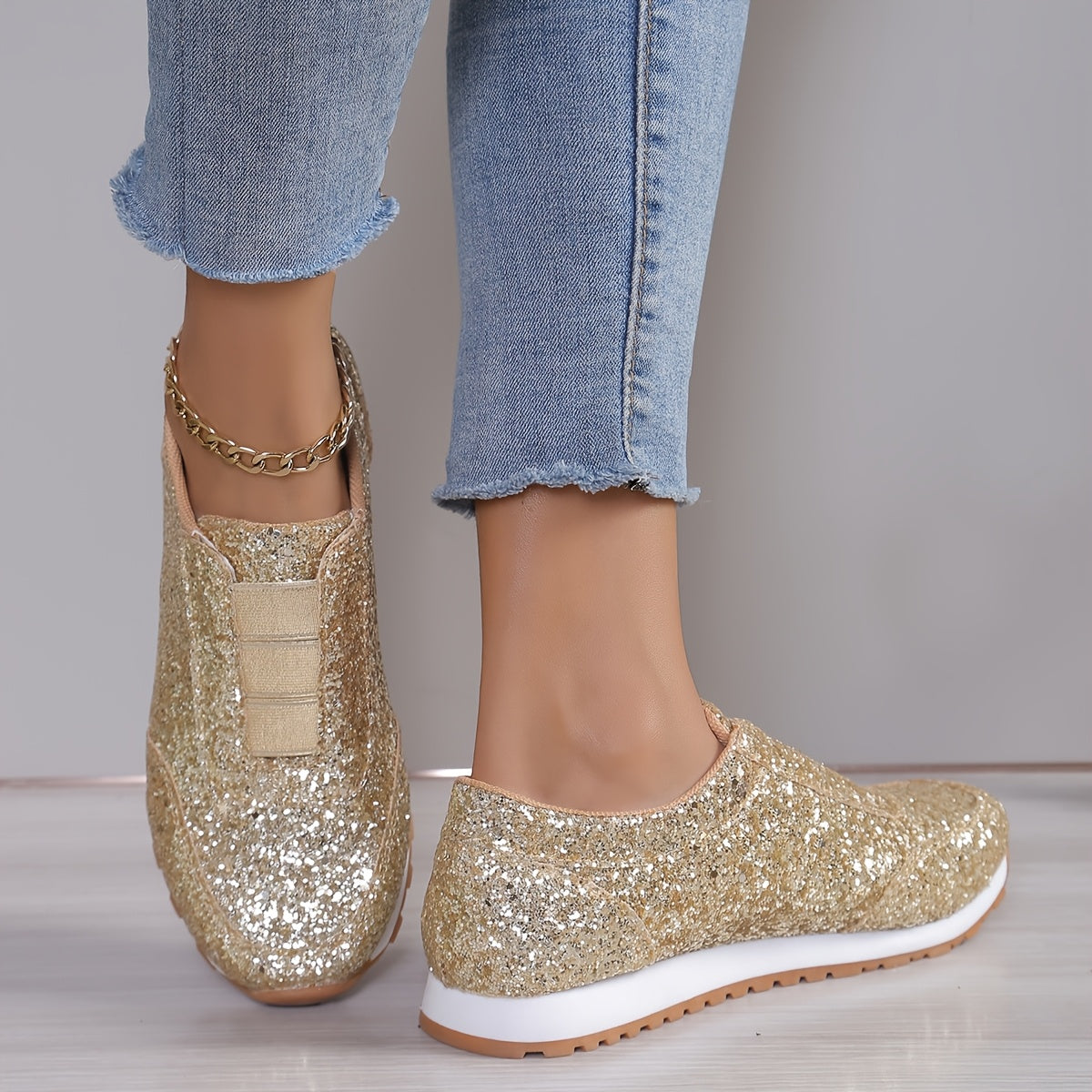 Baskets Femme Glitter Doré GOOD FEET – Confort &amp; Glamour à Enfiler ✨👟 - GOOD FEET