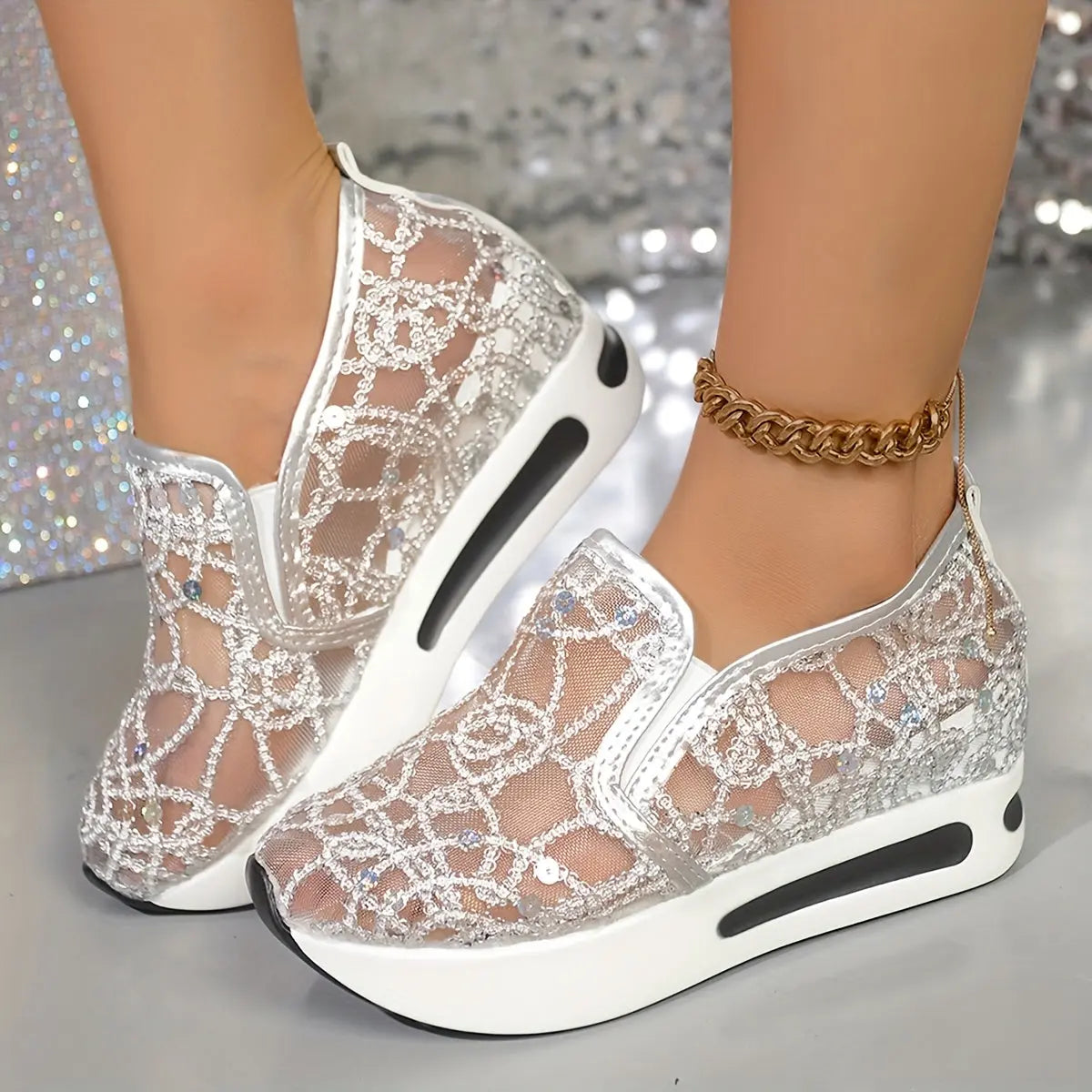 Baskets Décontractées à Sequins Dorés–Confort Maximal pour Femmes | GOOD FEET GOOD FEET
