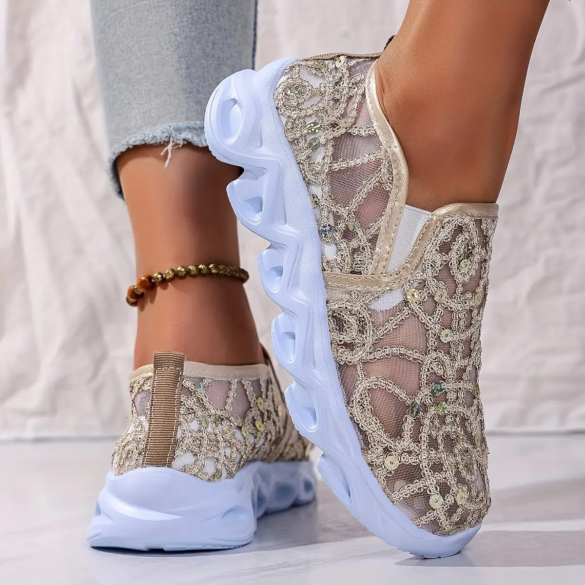 Baskets Brillantes en Maille GOOD FEET – Confort &amp; Élégance Vintage 👟✨ - GOOD FEET