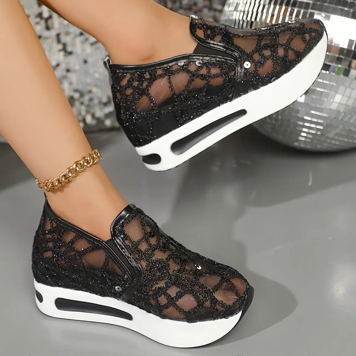 Baskets Décontractées à Sequins Dorés–Confort Maximal pour Femmes | GOOD FEET GOOD FEET